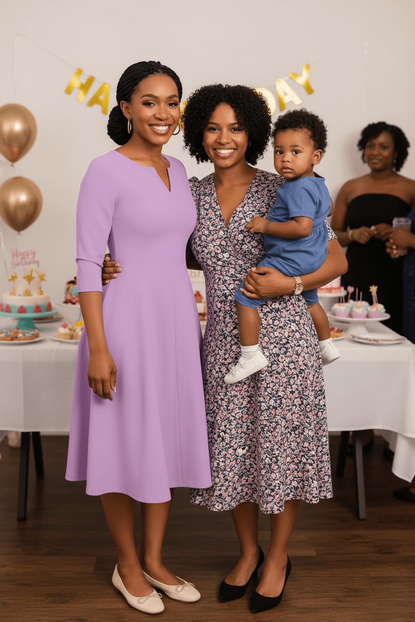 Nmoder Midi Dresses for Women A-Line Fit and Flare Dress 3/4 Sleeve V Neck Cocktail Wedding Guest Work Dress with Pockets - Image 2