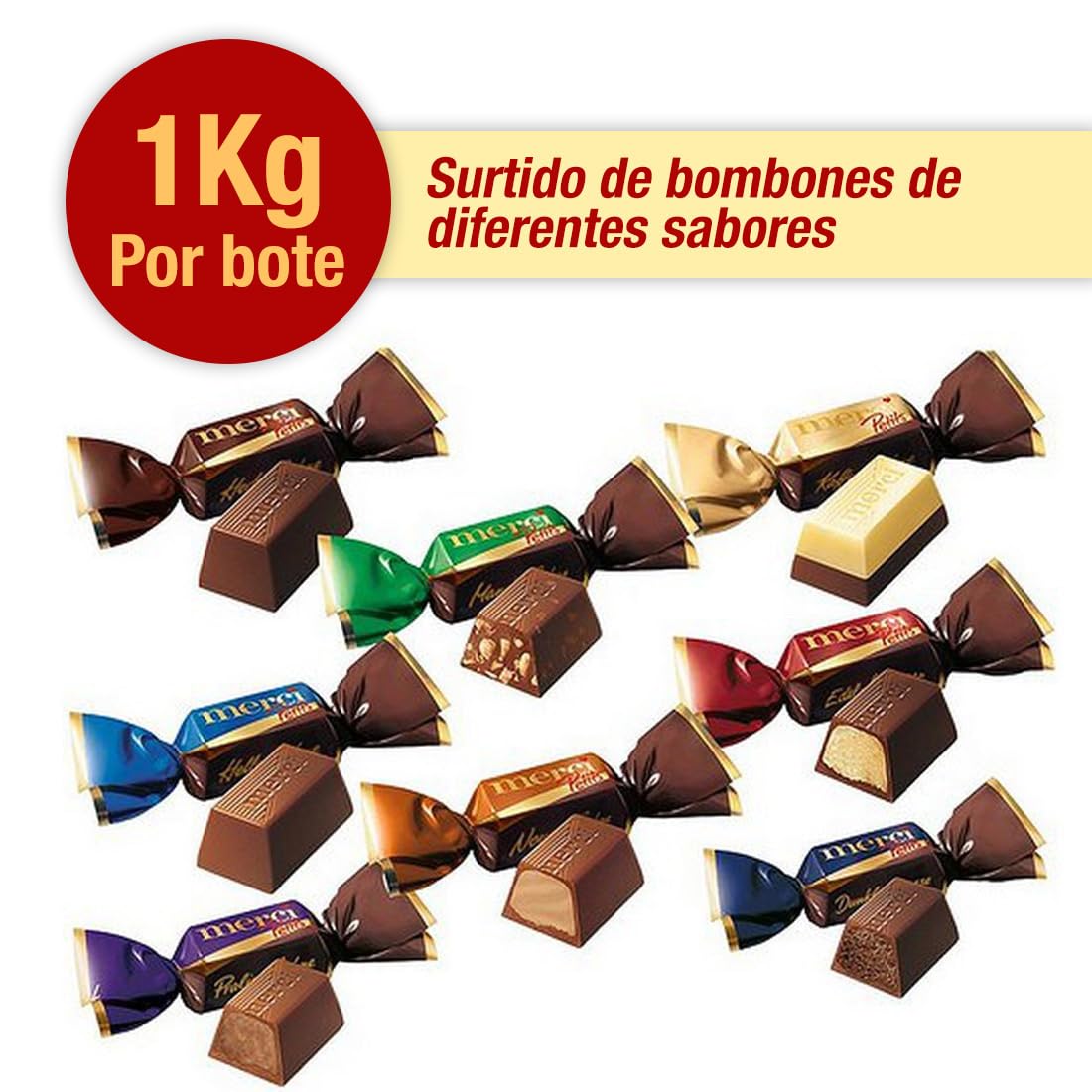 PACK Merci Petits Bombones de Chocolate Surtidos - 7 Sabores (Praliné, Café, Avellana, Almendra) - 3kg Total (Pack 3x1kg)