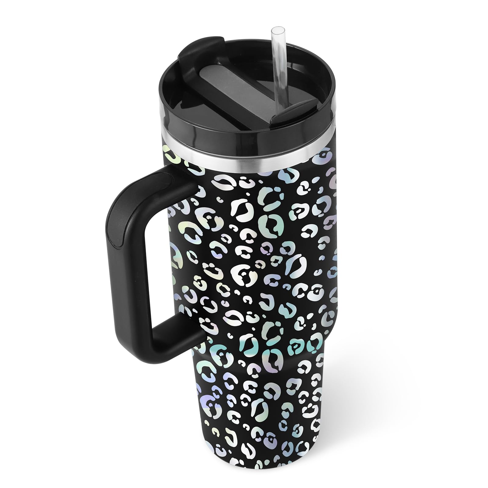 40 oz Tumbler with Handle Leopard Straw Lid Insulated Stainless Steel Vacuum Reusable Cup Holder Friendly Keep Drinks Cold Gifts for Women Lover Car Gym Travel, Black Cheetah