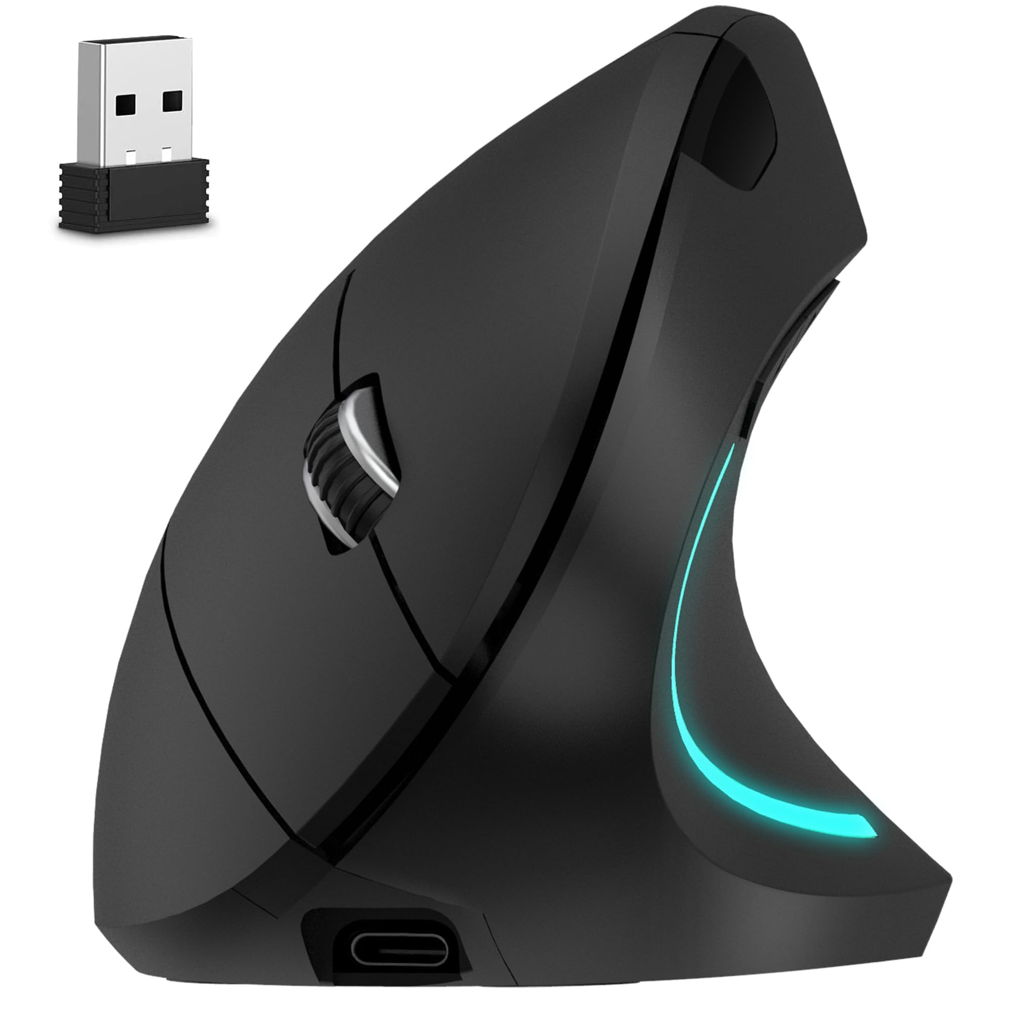 Delton Mouse wireless ergonomico verticale ricaricabile con dongle USB accoppiamento automatico, 6 pulsanti, 3 livelli DPI regolabili (800/1200/2400), compatibile per PC, laptop, Mac, Chromebook –
