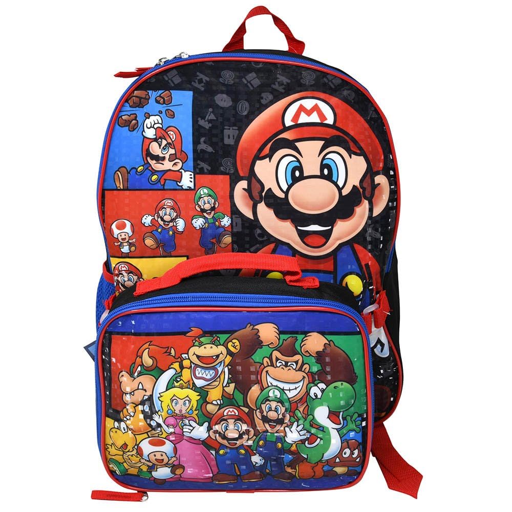 Bioworld Super Mario Black 16" Backpack with Lunch Bag Set