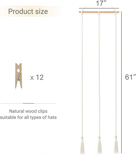 Miniatura 6 de Mkono Perchero para sombreros para pared, organizador de almacenamiento de gorras bohemias con borlas decorativas, soporte de exhibición moderno de