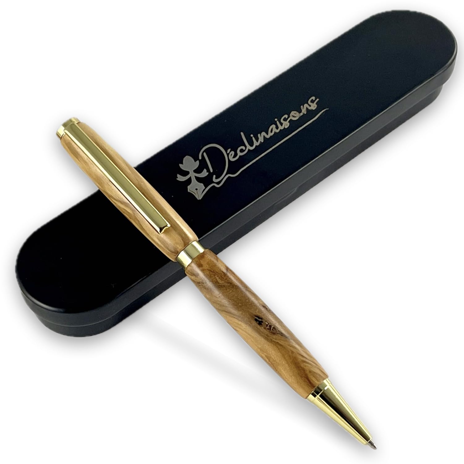 Bolígrafo de madera de Olivo fabricado a mano en Francia. Grabado personalizado. Con caja de regalo.