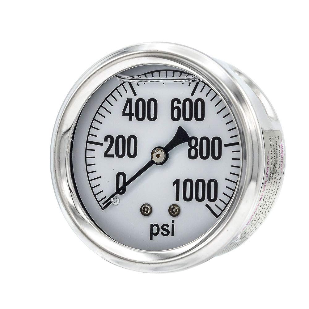 PIC Gauges AG-202L-254M Center Back Mount Glycerin Filled Single Scale Pressure Gauge w/ SS Case/Bezel, Brass Internals, Plastic Lens, 2.5" Dial, 1/4" Male NPT, 0-1000 psi Range