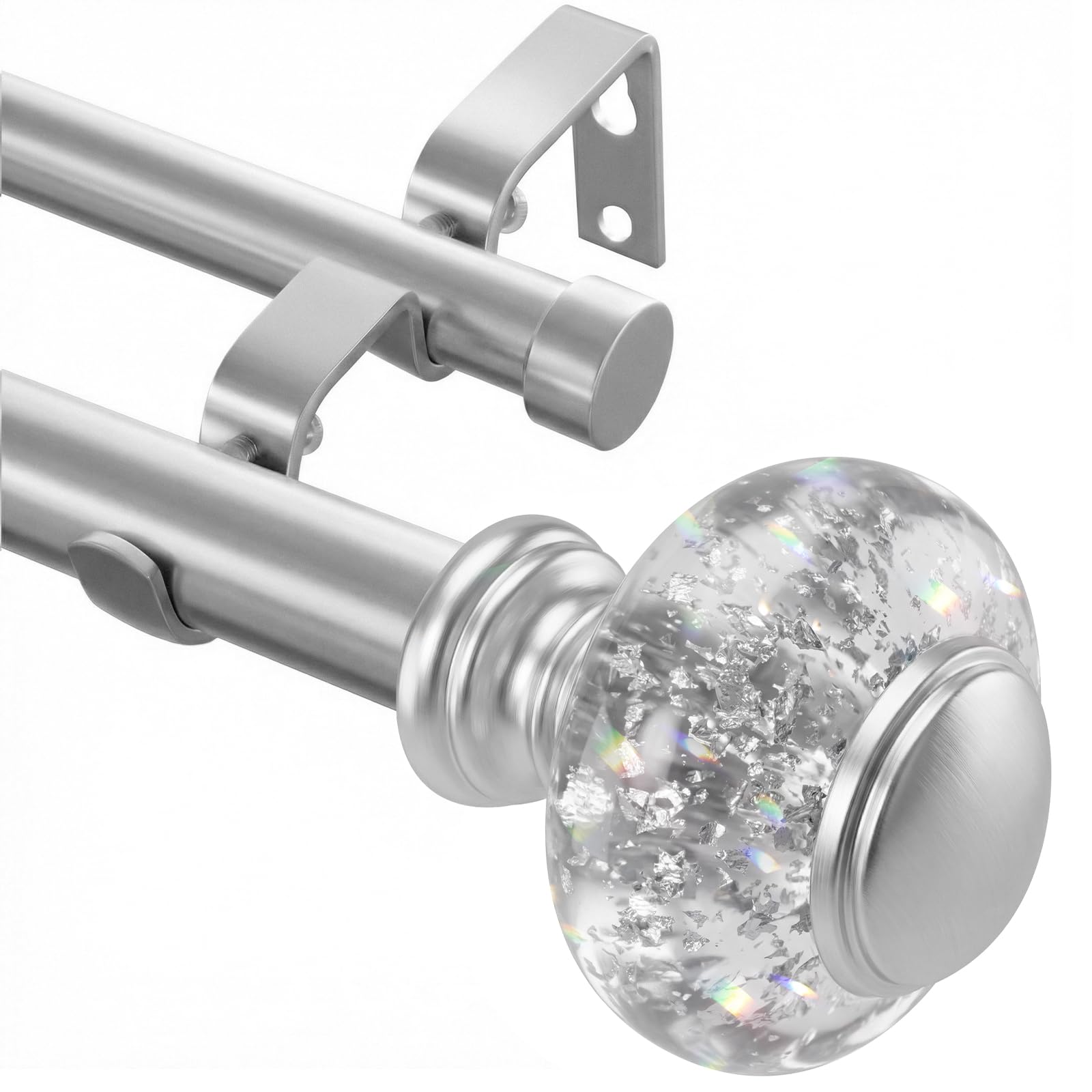 Silver Double Curtain Rod For Windows 28 to 48 Inches, 1 Inch Diameter Heavy-Duty Adjustable Dual Curtain Rod with Decorative Silver Foil Finials,