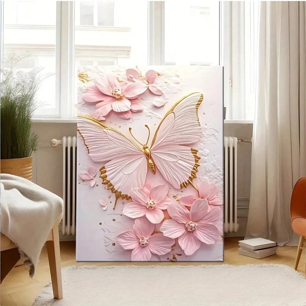 1 lienzo decorativo de pared, con estampado floral de mariposas rosas y doradas, ideal para la decoración de la sala de estar, la cocina o la oficina (70x120cm/Sin marco).