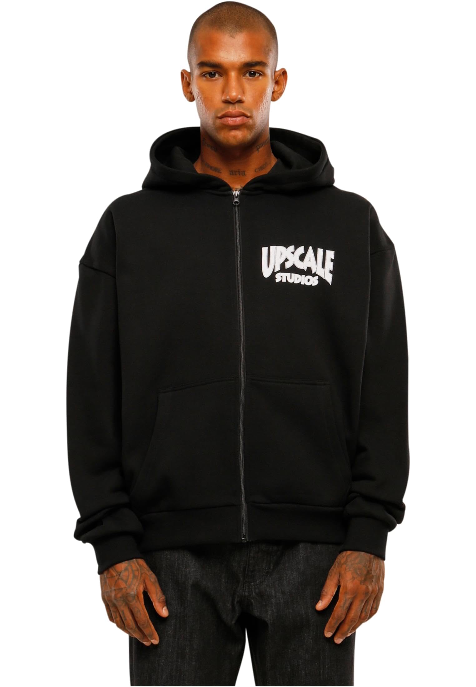 Mister Tee Upscale - Felpa con Cappuccio Unisex Upscale Studios Ultra Heavy Oversize Zip Jacket, Unisex con Zip con Stampa Posteriore, Nero, M
