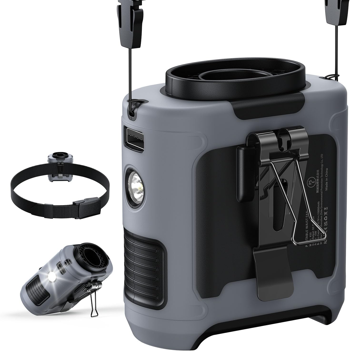 2026 Upgrade Portable Waist Fan Clip on 10000mAh Body Wearable Belt Clip Fan Undershirt Personal Cooling Neck Fans with 5 Speeds Flashlight&Power Bank 40H Cooling For Outdoor Camping Travel (Grey)