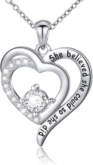 Flyow Women Girls Heart Necklace 925 Sterling Silver Dancing Ballet Girl/Cubic Zirconia Inspirational Pendant Engraved"She Believed She Could So She Did", 18 Inches