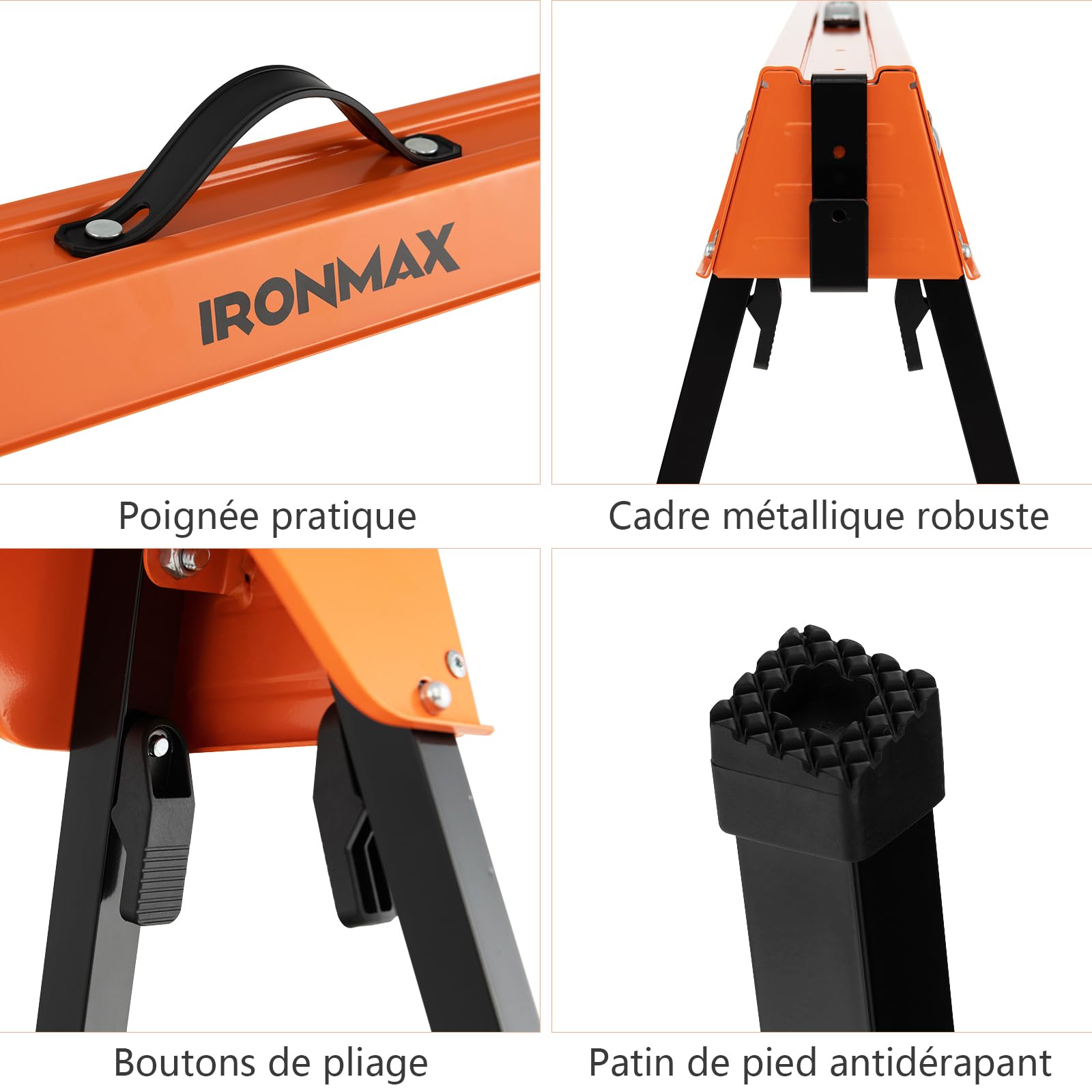 GYMAX Lot de 2 Tréteaux Pliables Métalliques, Chevalet de Sciage Professionnel avec Bras de Soutien de Bois, Poignée de Transport, Patin Antidérapant, pour Bricolage Atelier, Charge Max.600KG(Orange)