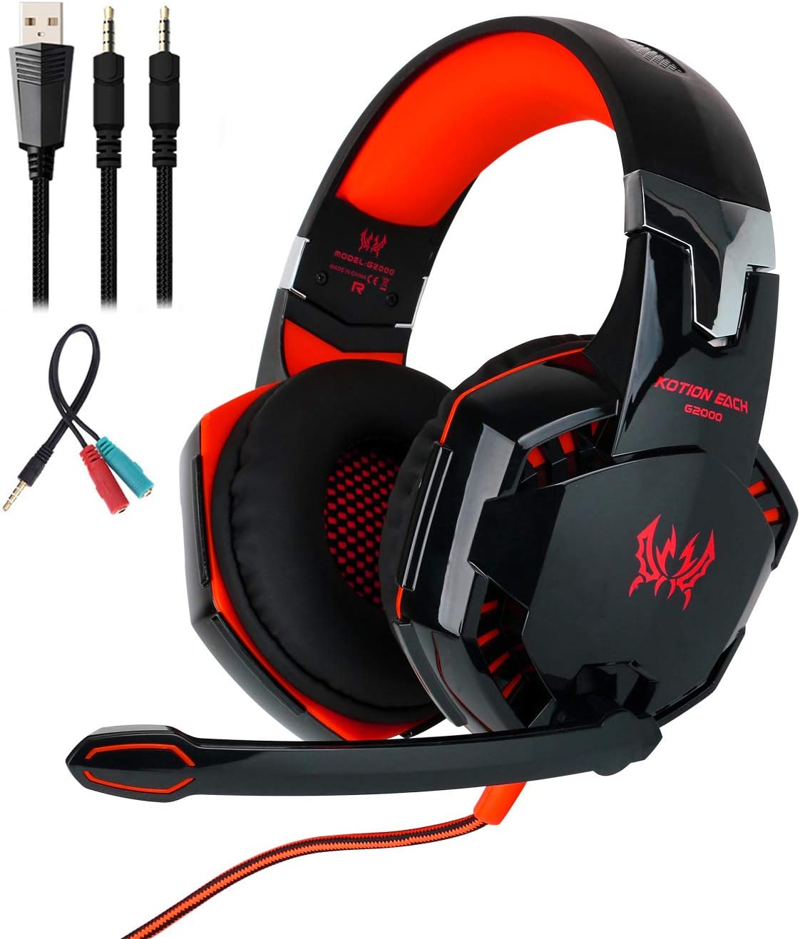 Mengshen Stereo Gaming Headset - with Mic, Volume Control and Cool LED Lights - Compatible with PC, Laptop, Smartphone, PS4 and Xbox One Controller, G2000 (Red)