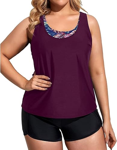Holipick Traje de baño tankini de 3 piezas, para mujer, talla extragrande, deportivo, con pantalones cortos, camiseta sin mangas con sujetador