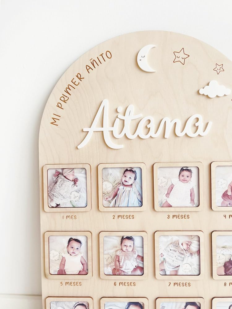 MONAMI - Marco de fotos personalizado mi primer año de bebé. Marco con 12 meses, un recuerdo imborrable y ÚNICO del crecimiento de tu peque. Realizado en madera natural y artesanal.