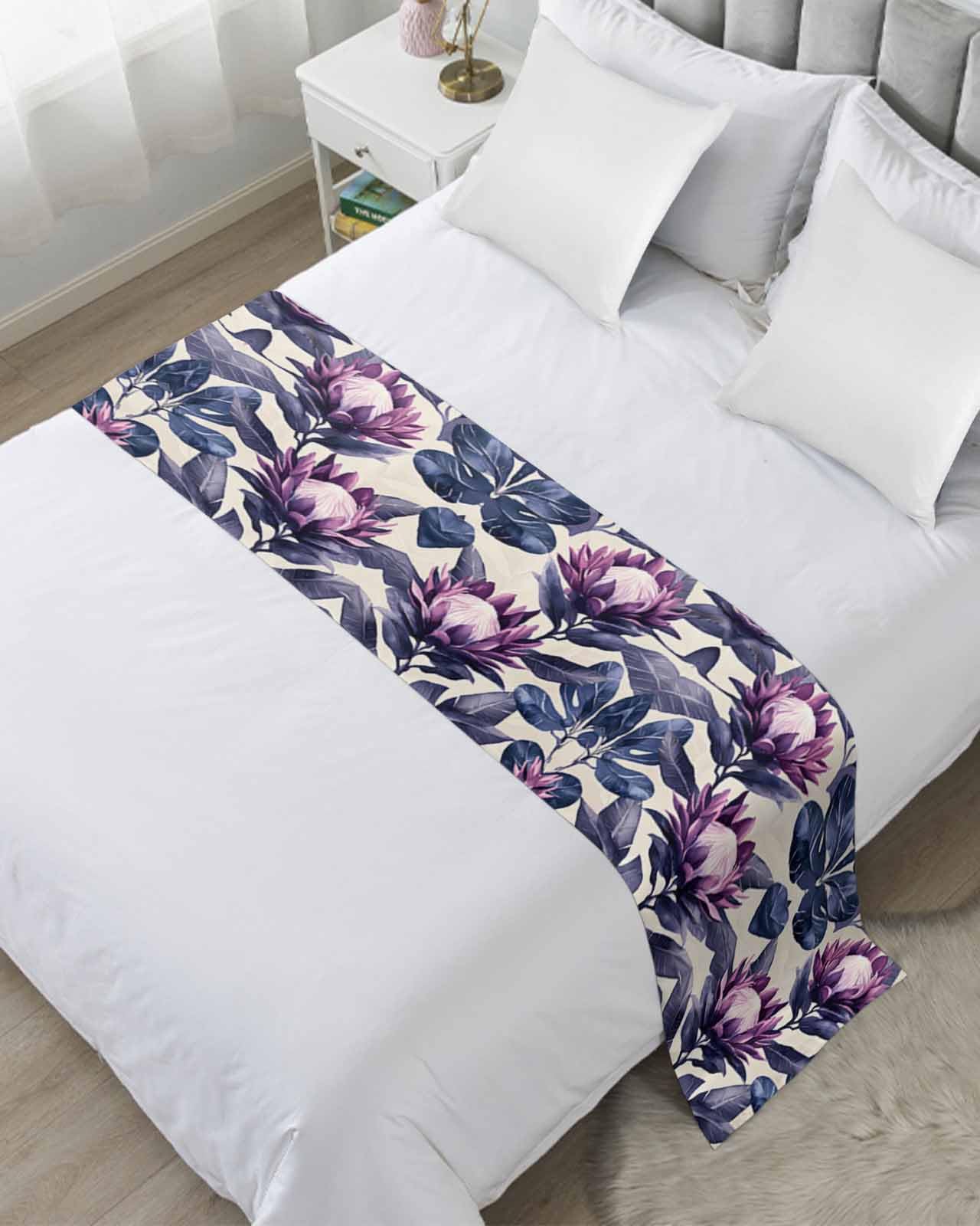 DecorLovee Blue Purple Botanical Bed Runners for Twin Size Bed, Decorative Bed Throws for Foot of Bed, Spring Flowers Summer Retro Bed Runner Sofa Throw Bedding Scarf Protector Slipcover for Bedroom