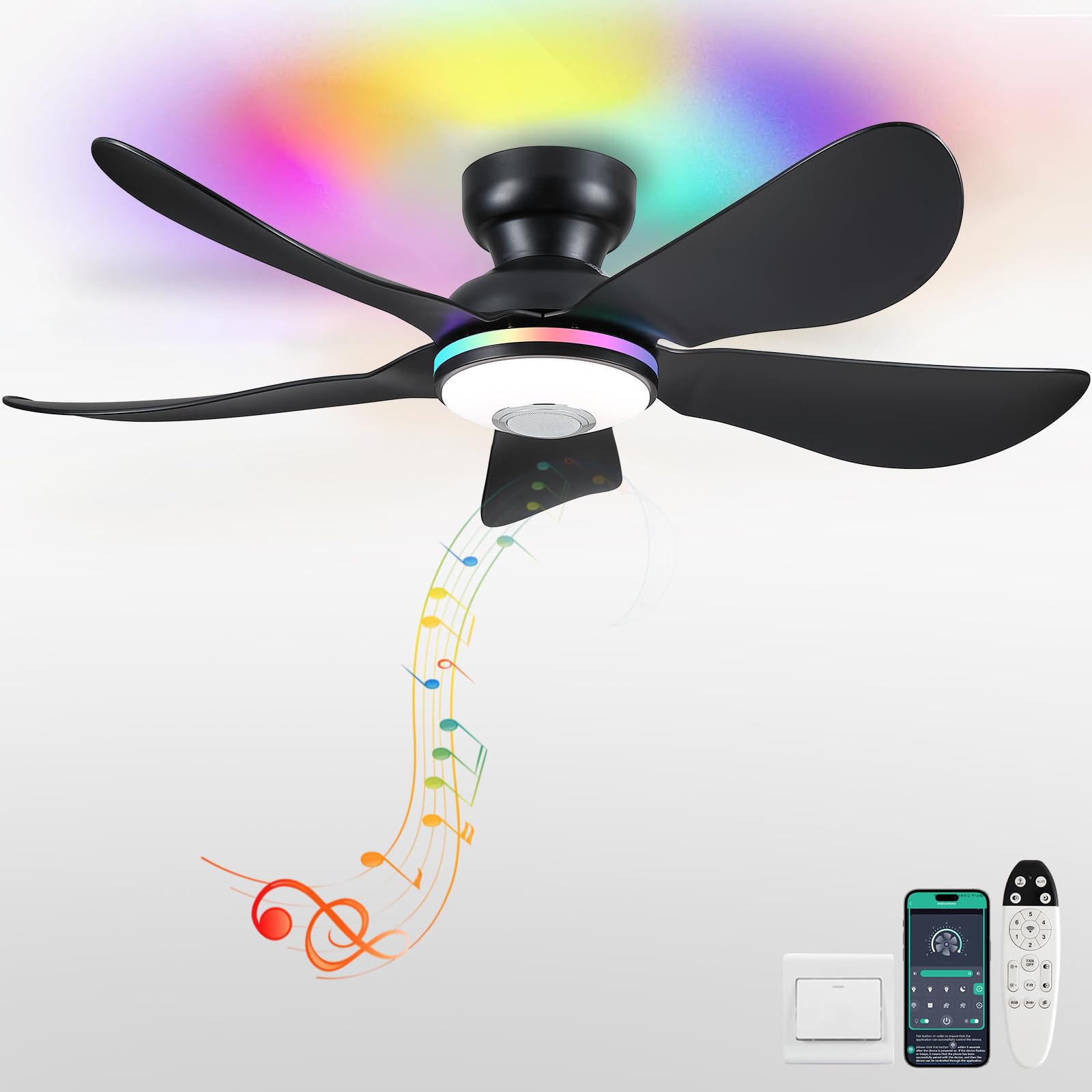 46" Ceiling Fans with RGB Lights Remote/APP Control, Low Profile, 3 CCT Dimmable White Lights+RGB Ring Lights+Music Player, 5 Reversible Plastic Blades 6 Speeds for Kidsroom, Black