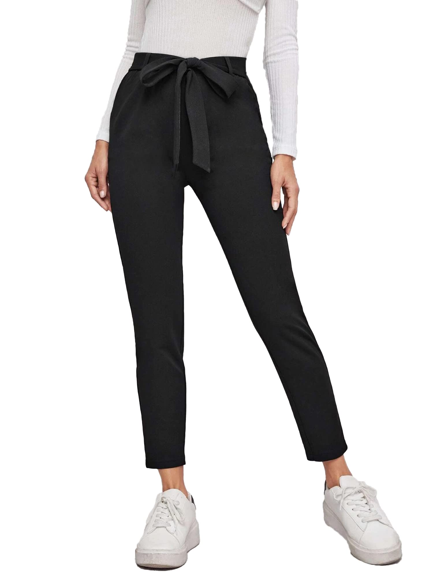 Maniac Womens Solid Polyester Black Trouser with Belt