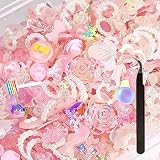 Kireida 200 cuentas diferentes 3D para uñas, diferentes estrás, múltiples formas, corazón, flor, lazo, para decoración de uñas y manualidades (rosa)