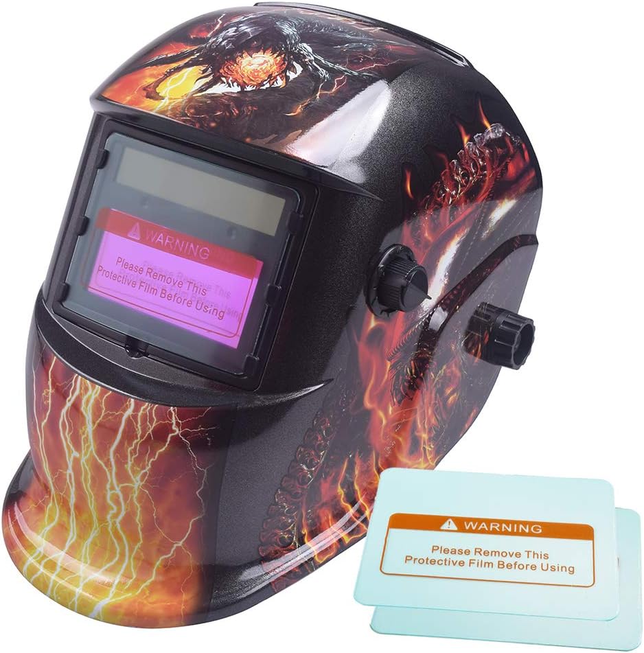 Pro Cool Fire Monster Style Solar Auto-Darkening Welding Grinding Helmet with Storage Bag and 2 pcs Extra Lens Covers ANSI Certified