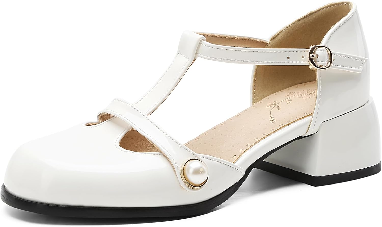 T-Strap Pumps Shoes for Women Square Toe Pearl Dress Pumps Low Block Heel Mary Jane