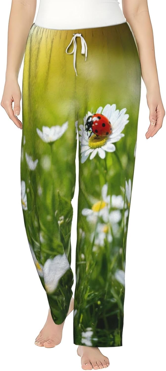 Ladybug Daisy Print Cozy Flannel Pajama Pants For Women,Warm Christmas Pj Pants,Cute Fleece Pajamas