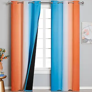 Thermal Insulated Blue and Orange Curtains for Living Room, Complete Light Blocking Ombre Blackout Curtains for Bedroom, Full Room Darkening Gradient Grommet Drapes for Boy Room, 42x84 Inch, 2 Panels