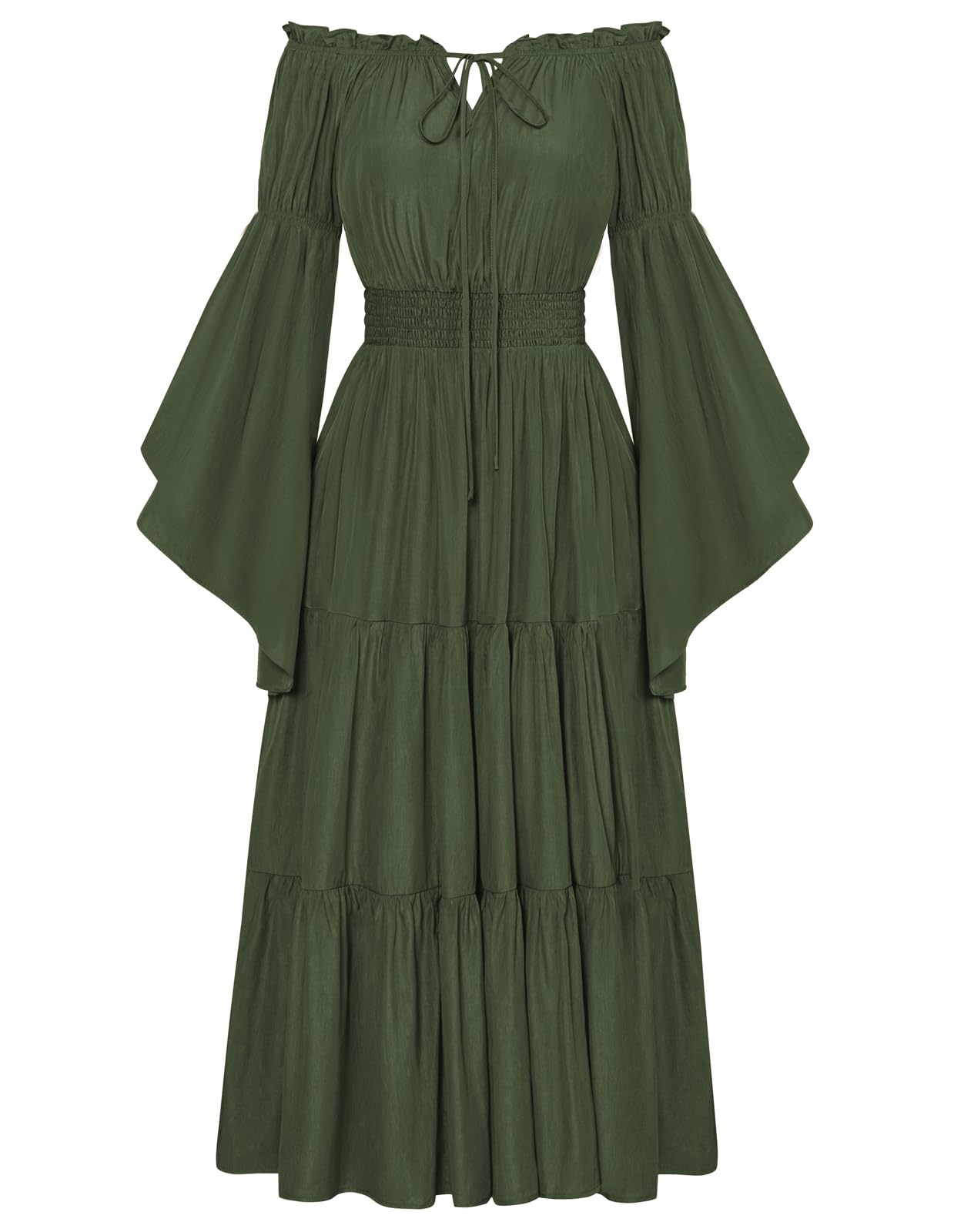 Damen Renaissance Corsagenkleid Schulterfrei mit Tasche Flowy Swing Ballkleid Olivgrün M