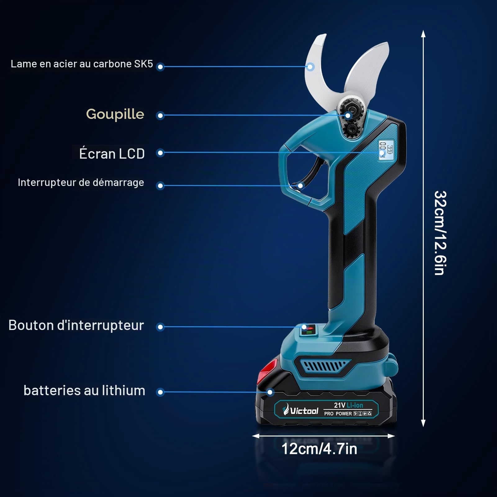 Sécateur électrique sans fil 40 mm avec 2 batteries 21 V 2000 mAh, lames SK5, écran LED, sécateur professionnel sans balais pour jardin, branches, arbustes
