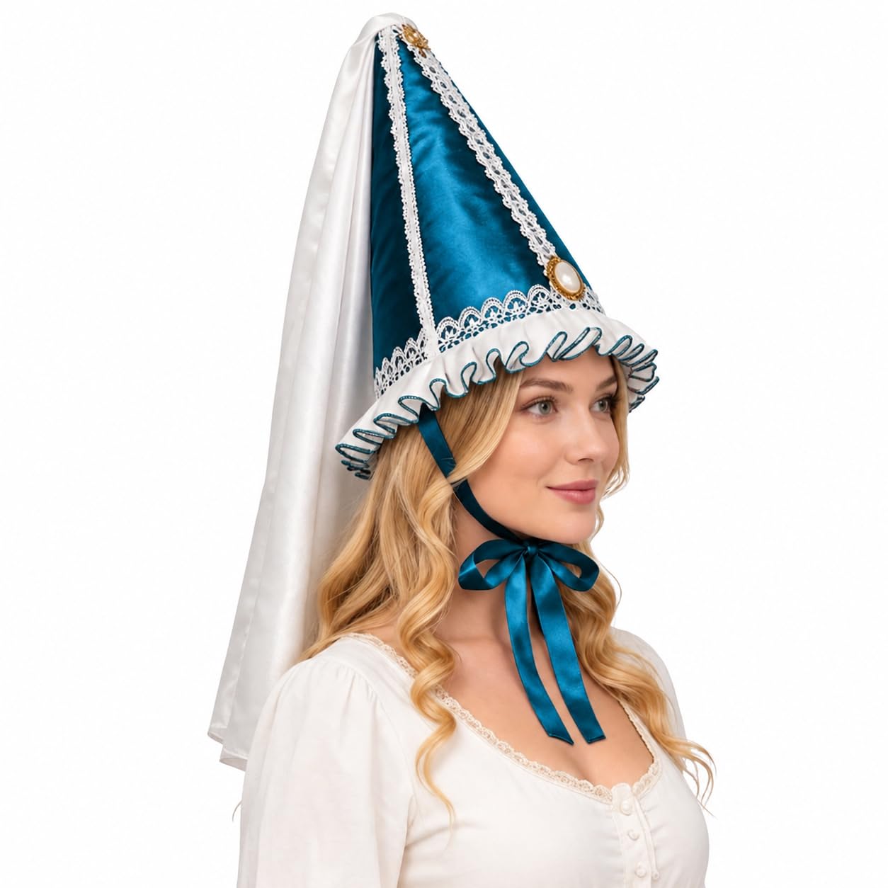 Women Medieval Hennin Cone Hat with Veil, Renaissance Princess Headdress Tall Cone Cap with Pearl and Gold Trim for Costume, Faire and Theatrical Dress (Blue, One Size)