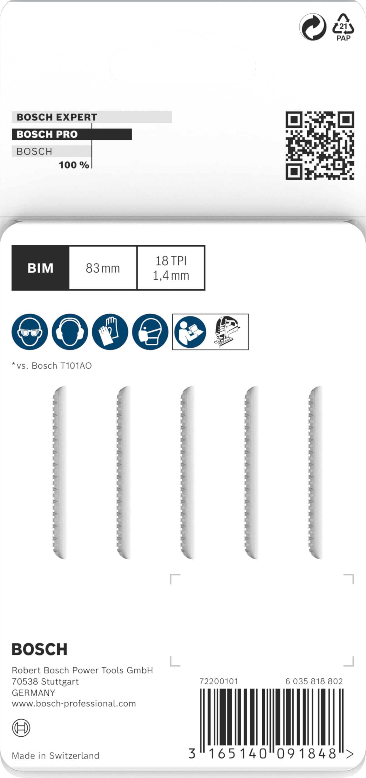 Bosch Professional 5 x dekupaj testere bıçağı T 101 AOF laminant için özel (laminat, kavisli kesim, aksesuar dekupaj testeresi)