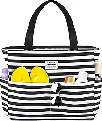 Bolsa de praia grande à prova d'água para mulheres, à prova de areia, bolsa de piscina com zíper e bolsos para viagens, férias, academia