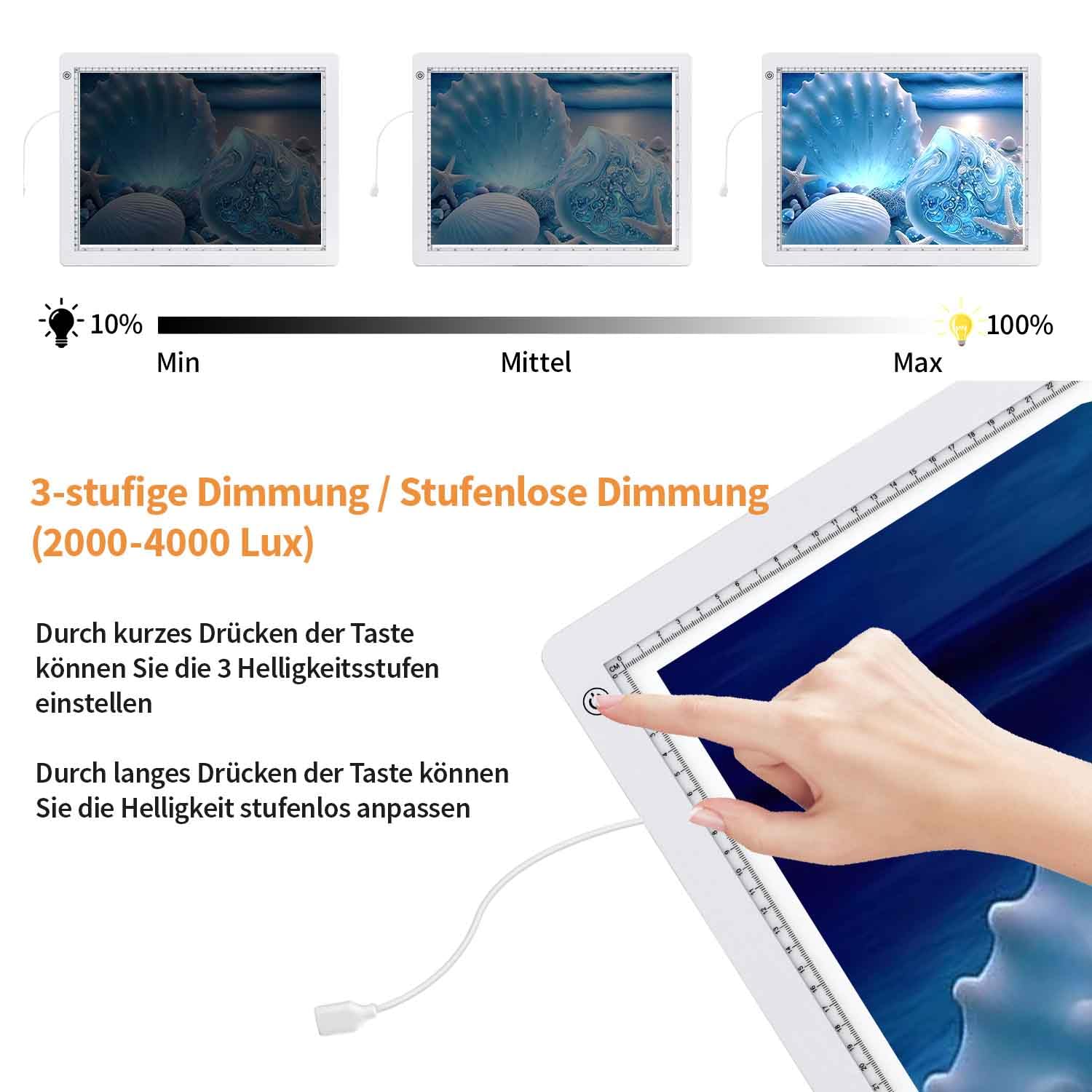 Zocelight A3 Leuchttisch für Diamantmalerei, Ultra dünn Lichtpad Helligkeit 4800 Lux,Lichtplatte mit Ständer und Klemme, 3 Helligkeitsstufen Leuchtplatte für Künstler, Zeichnen und Animation ((weiß))