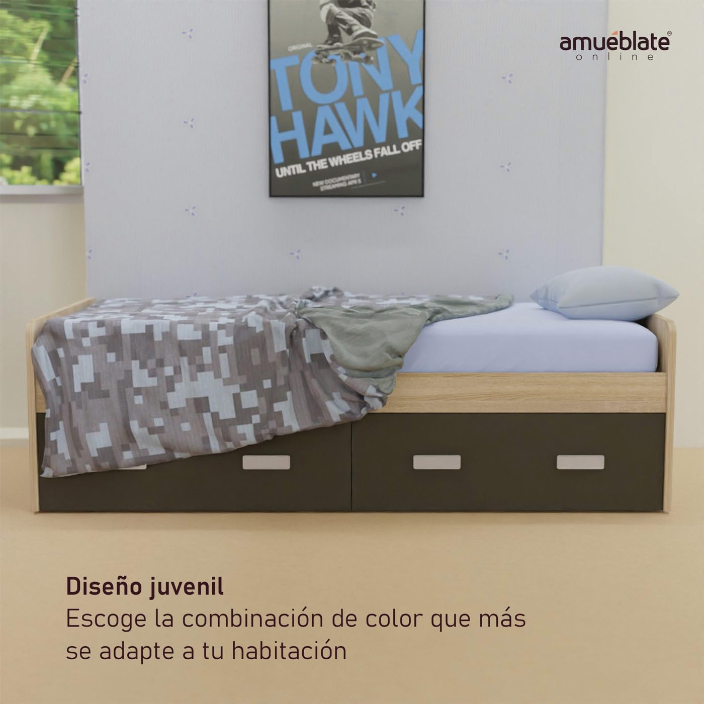 amuéblate online - Cama de Madera Reforzada con Dos cajones, Gran Estabilidad, Modelo Helsinki, Cama de 90x190, Color Puccini - Grafito