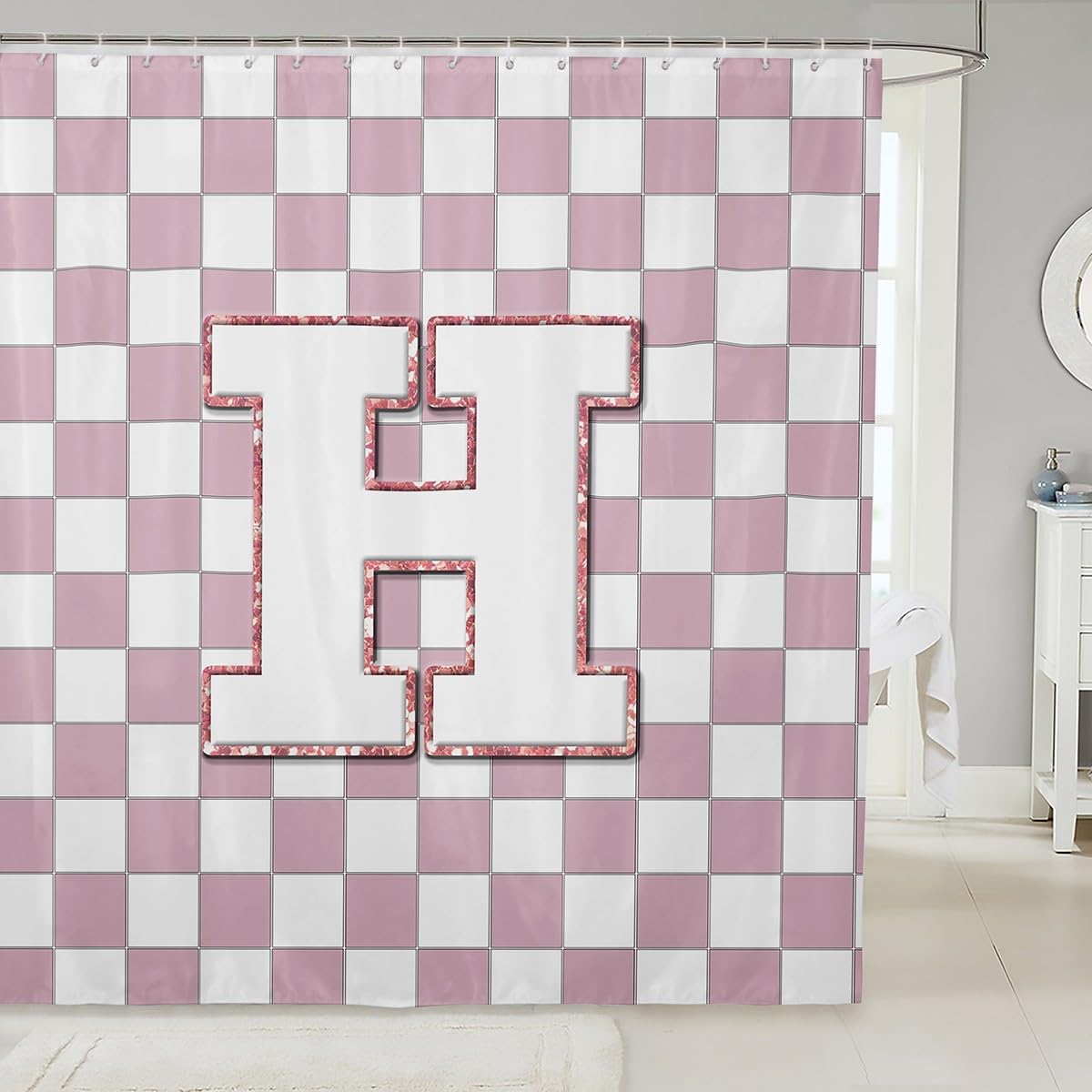 Erosebridal Pink Initial H Shower Curtain 72" Wx78 L Kawaii Plaid Checkered Bathroom Curtain Cute Personalized Monogram Bathroom Accessories for Kids Girls,Fashion Grids Gingham Shower Decor
