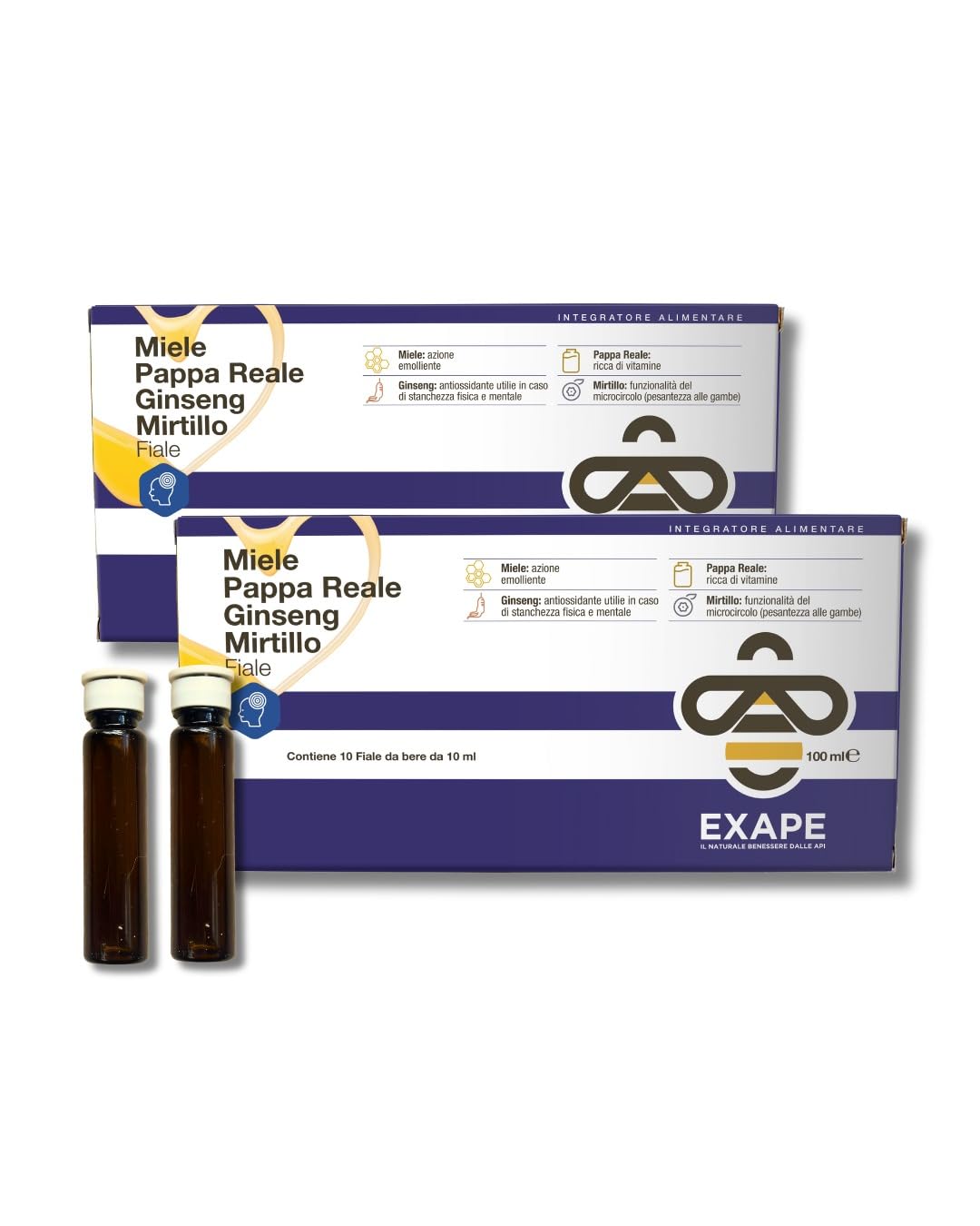 EXAPE - Pappa Reale Fresca Tonico Naturale, Integratore Energetico, Azione Ricostituente e Antiossidante, con Miele 50%, Pappa Reale Fresca, Ginseng, Mirtillo, 10 Flaconcini da 10ml - 2 CONFEZIONI