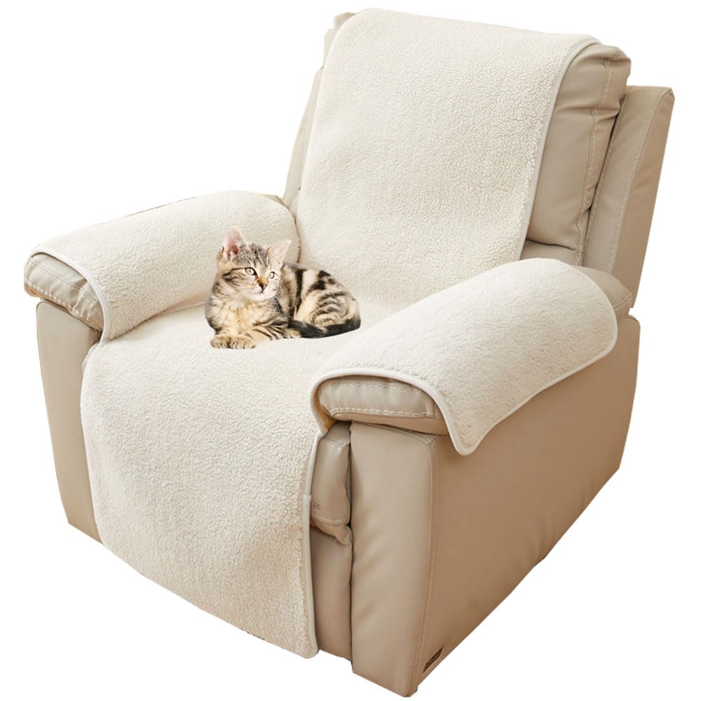NUODWELL Thick Lamb Faux Recliner Chair Cover, Non-Slip Washable Chair Cover for Recliner Armchairs, 1 Seat Super Soft Furniture Protector Cover for Kids and Pets (Beige, 76 * 231cm)