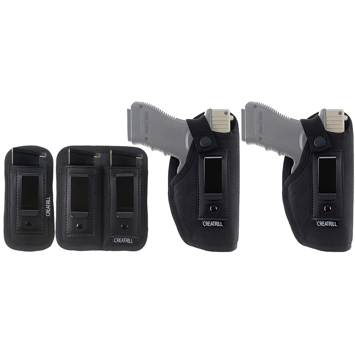 CREATRILL 2 Pack Universal IWB Concealed Carry Gun Holster with 1 Pack Single Mag Pouch & 1 Pack Double Magazine Holster | Inside The Waistband Bundle Holster Fits Glock 19 26 30, Ruger LC9