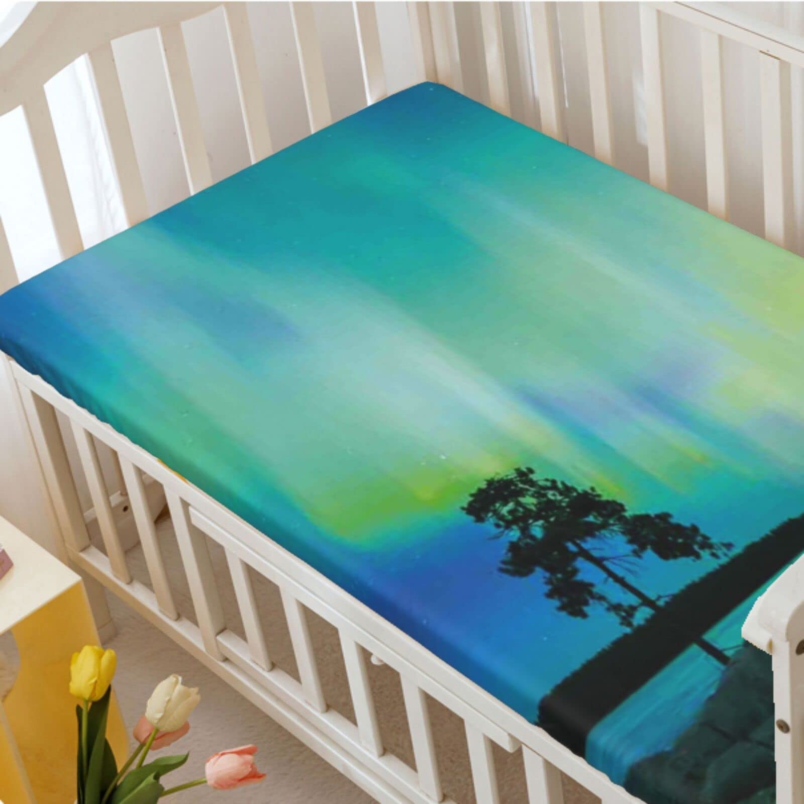 Aurora Borealis Themed Fitted Mini Crib Sheets,Portable Mini Crib Sheets Toddler Bed Mattress Sheets - Baby Sheet For Boys Girls,24\" X38\",Lime Green Teal Blue