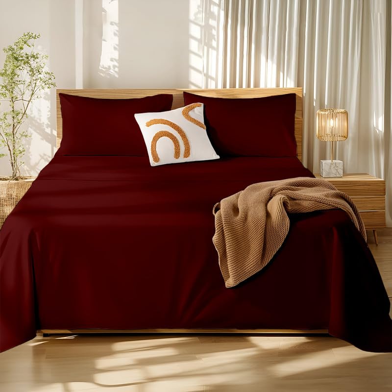 Image of Microfiber King Bed Sheet - Solid Color, Ultra-Soft Bedsheet for Bedroom, Lightweight Plain Bedsheet for King Bed 102x108 Inch, Burgundy