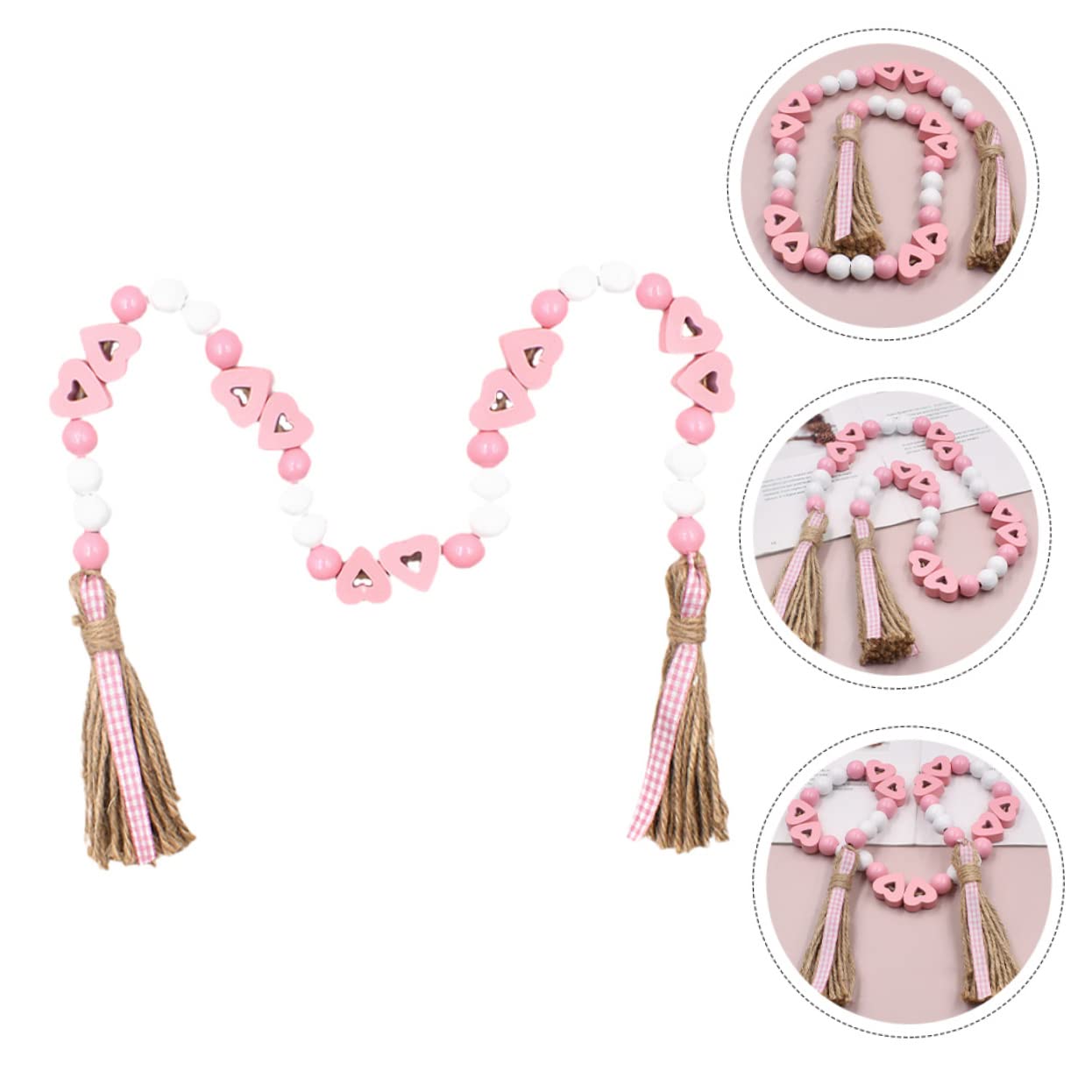 Zerodeko 5piezas Guirnalda De Cuentas De Madera con Borlas De Yute para Decoración De San Valentín Adornos Colgantes para Interiores y Exteriores para Paredes Ventanas y Jardines