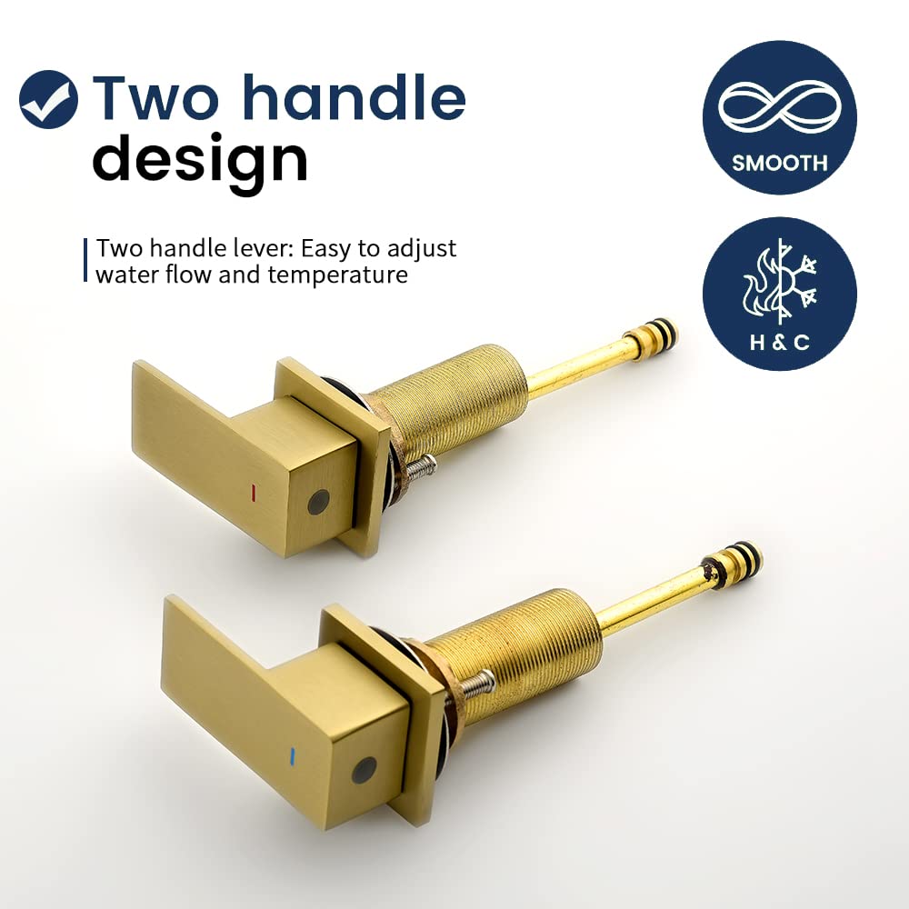 Brushed Gold Bathroom Sink Faucets 3 Hole Widespread Waterfall Basin Faucet with Pop-Up Drain Bathroom Lavatory Faucet 1404BG