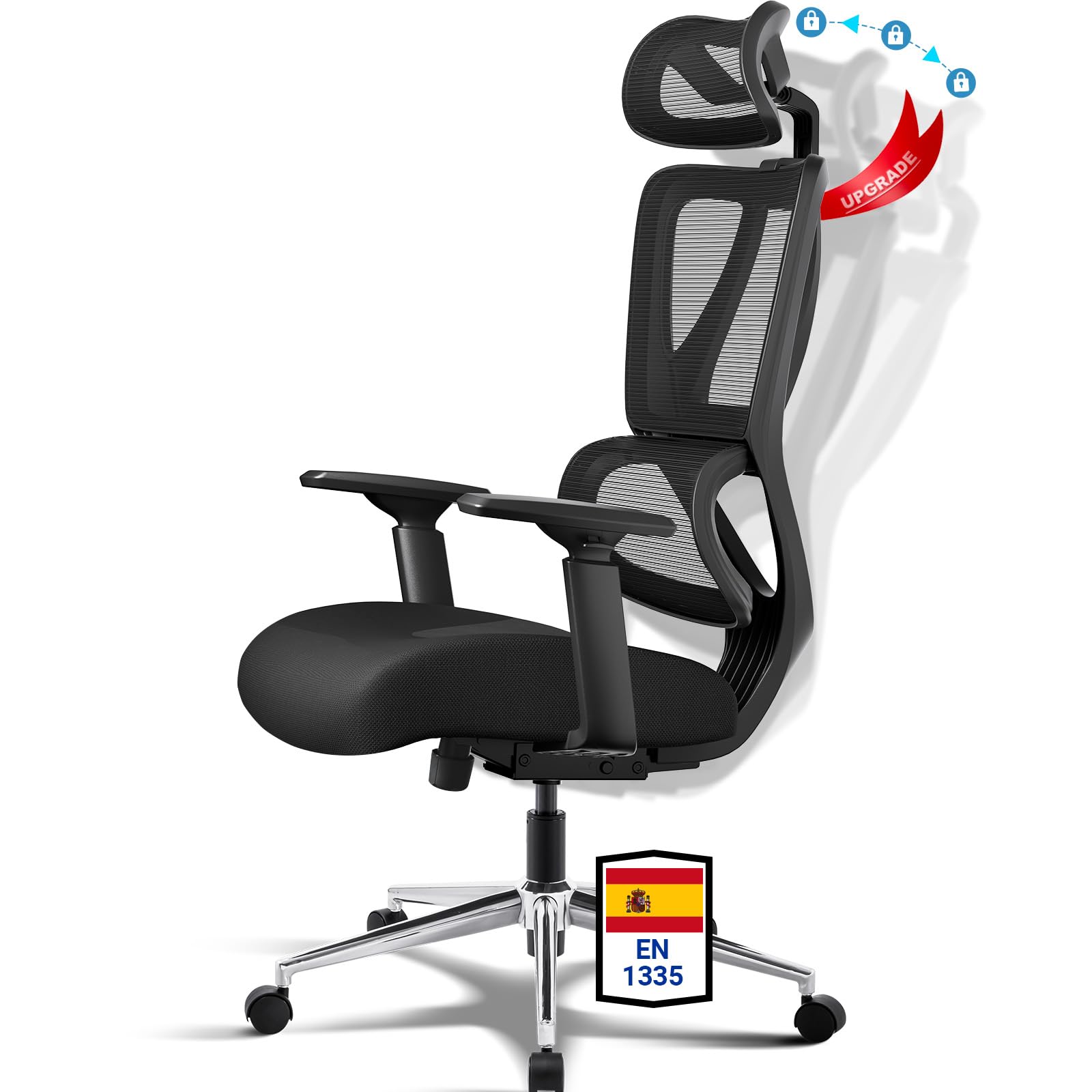 MELOKEA Silla Oficina Ergonómica 150KG, Silla Escritorio con Soporte Lumbar Dinámico, Reposabrazos 3D, Cojín de Muelles Transpirable, Bloqueo 3 Niveles, Silla de Oficina, EN1335