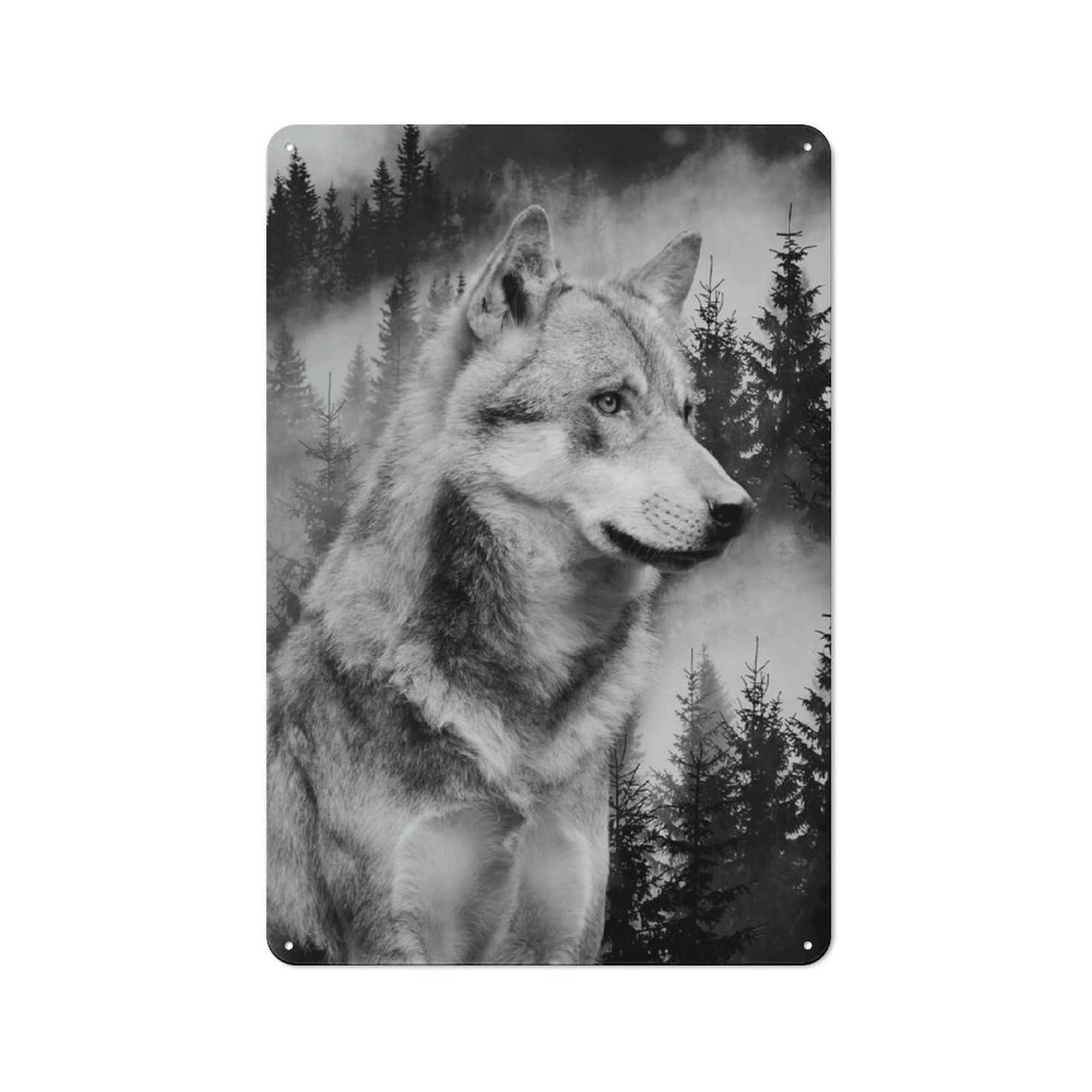 Junmoney Style-18 Wolf Forest Black&White Nostalgic Metal Wall Decor 30X20cm, Vintage Tin Sign For Living Room, Hallway, Kitchen Or Cafe
