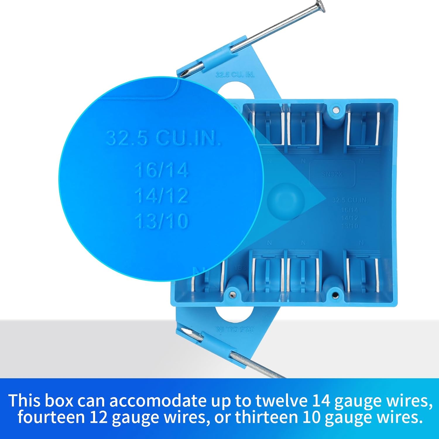 XIUTE (Pack of 12) Plastic Electrical Box, Blue Outlet Box, Double Gang New Work Junction Box, Captive Nails,Living Hinges，32 cu. Inches，ETL Attestation