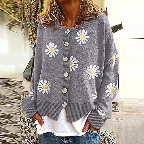 Fall Cardigan Sweaters For Women 2022,Open Front Button Down Cardigans Lantern Sleeve Daisy Graphic Sweater Outwear Gray #TOP1