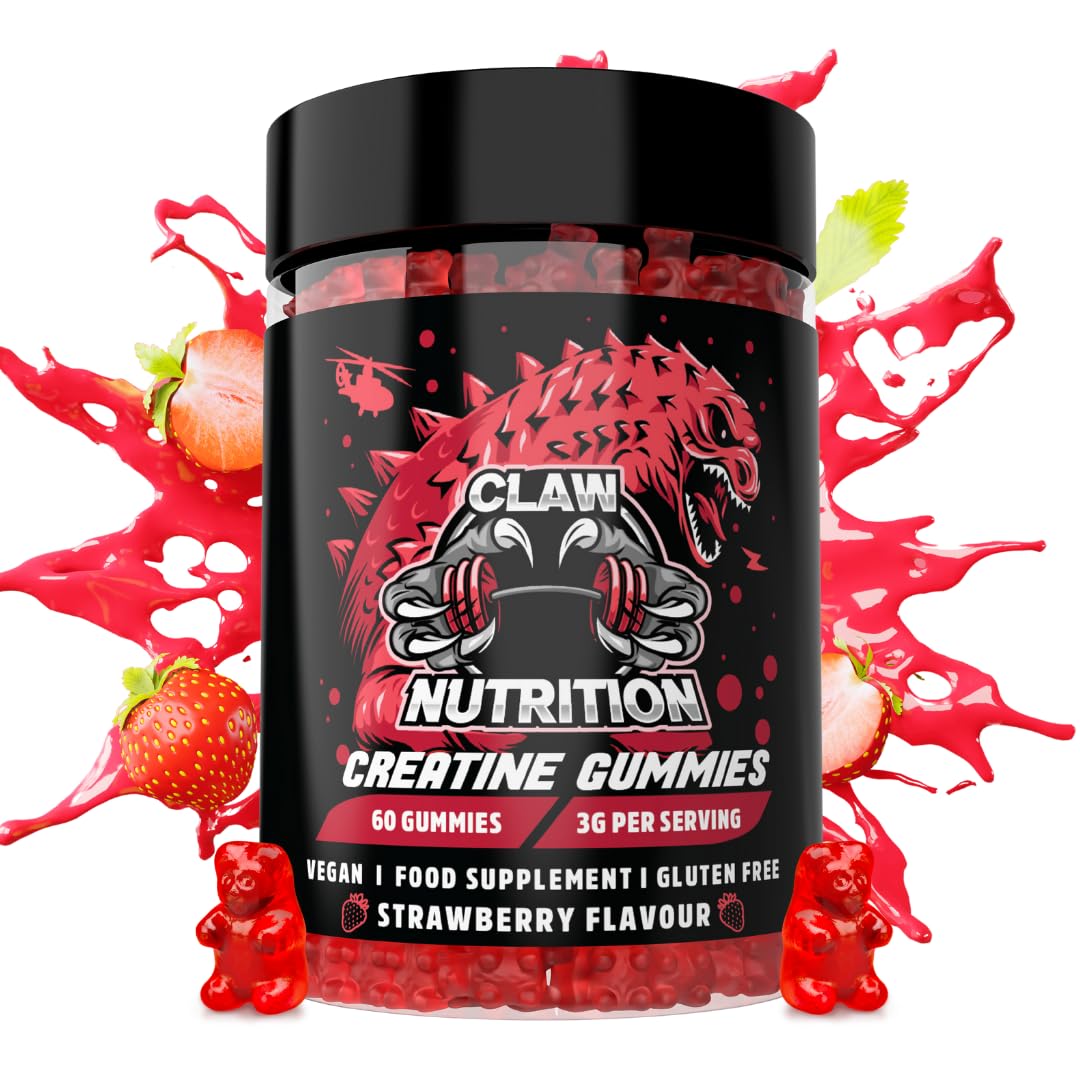 Creatine Monohydrate Gummies 5000mg - 3000mg for Men & Women, 60 Natural Strawberry Flavoured Chewable Gummies (up to 1 Month Supply), Pre Workout Gym Supplement, Vegan-Friendly
