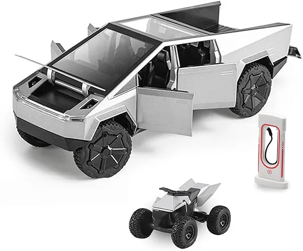 KASAMOTO 1/24 Toy Car for Kids 6+ | Lights, Sounds, ATV, Pretend Charging Station & Fun Sticker | Cool Die Cast Model Pick Up Vehicle Toys | Gifts for Boys 8-12 (Stainless Steel)