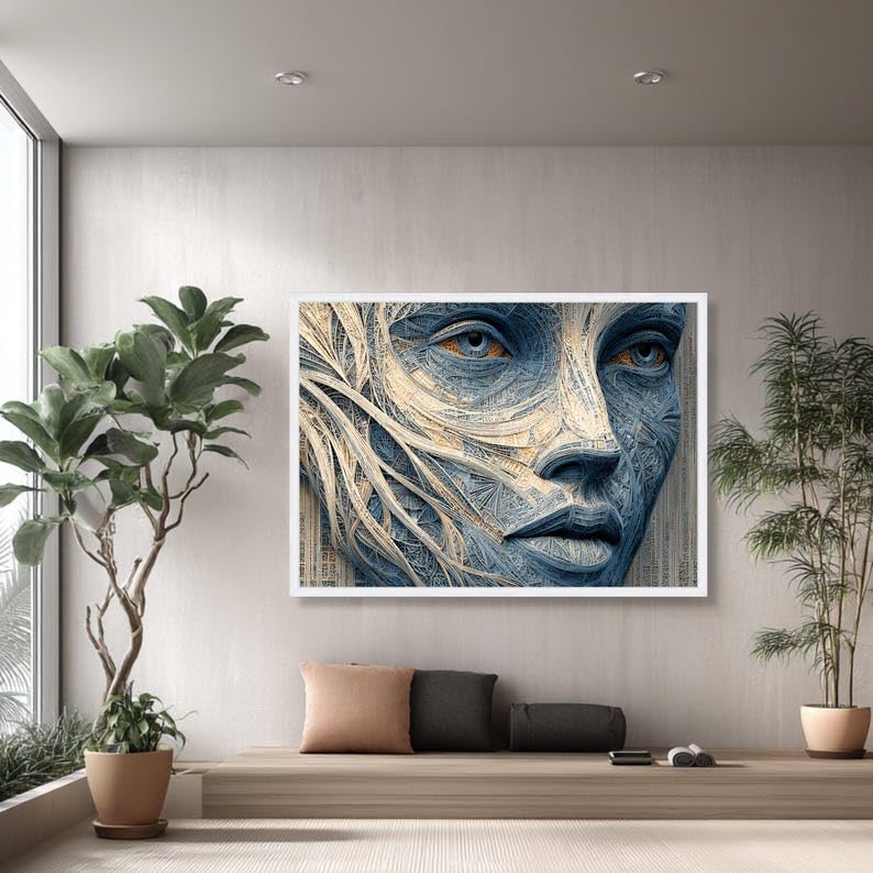 Tableau abstrait sur toile portrait géométrique bleu beige moderne 70x100 cm sans cadre - 2