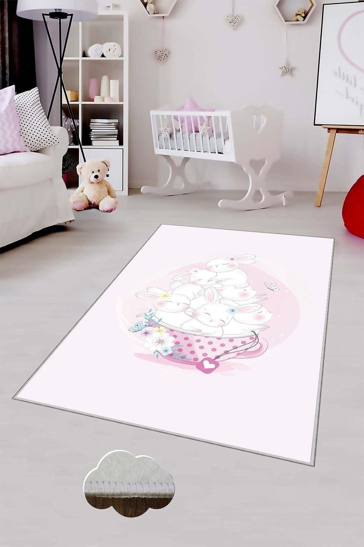 Pelangi Pudra Tavşan Desenli Yıkanabilir Kaymaz Taban Leke Tutmaz Bebek Ve Çocuk Odası Halısı, Pudra 80 x 500, 90135707780500