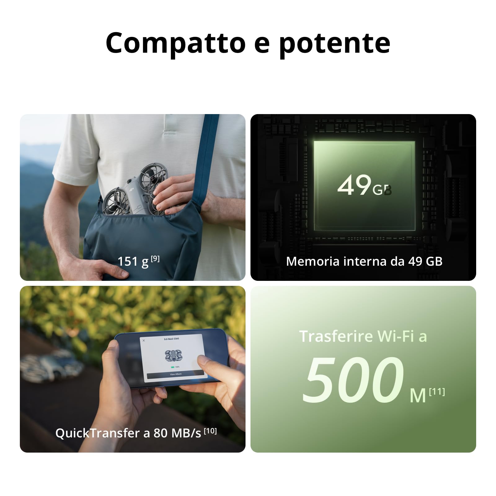 DJI Neo 2 (drone singolo), leggero e pieghevole, decollo e atterraggio dal palmo della mano, controllo con gesti, ActiveTrack, rilevamento omnidirezionale degli ostacoli, drone 4K per principianti