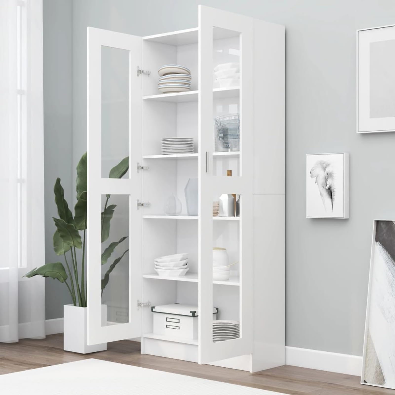 Homgoday Vitrina de Cristal, Vitrina de Salón Aparador,Aparador Cocina, Oficina Archivador, con stantes 2 Puertas de Vidrio Blanco